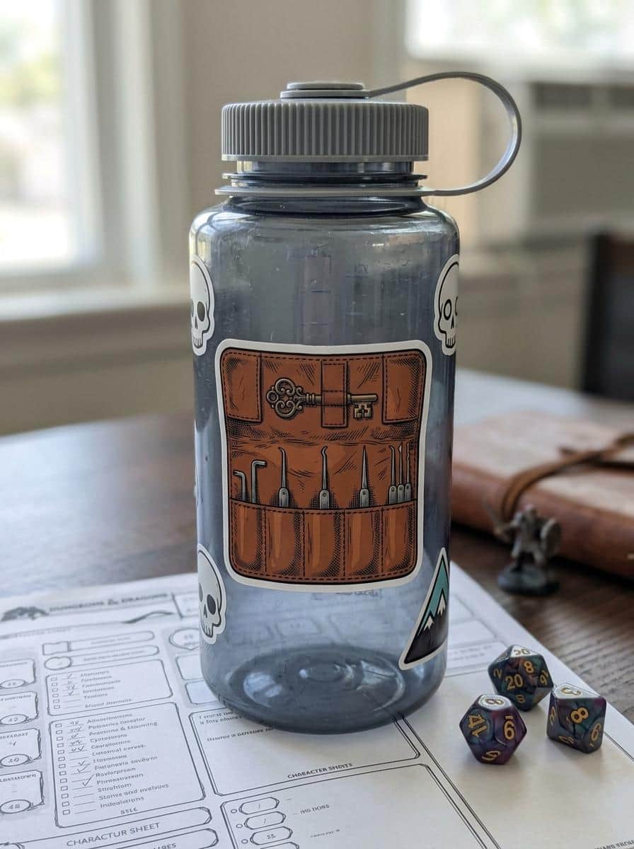 Photo 4 of 11: A detailed kiss-cut vinyl decal featuring an unrolled rogue's leather lockpick kit, shown on a water bottle