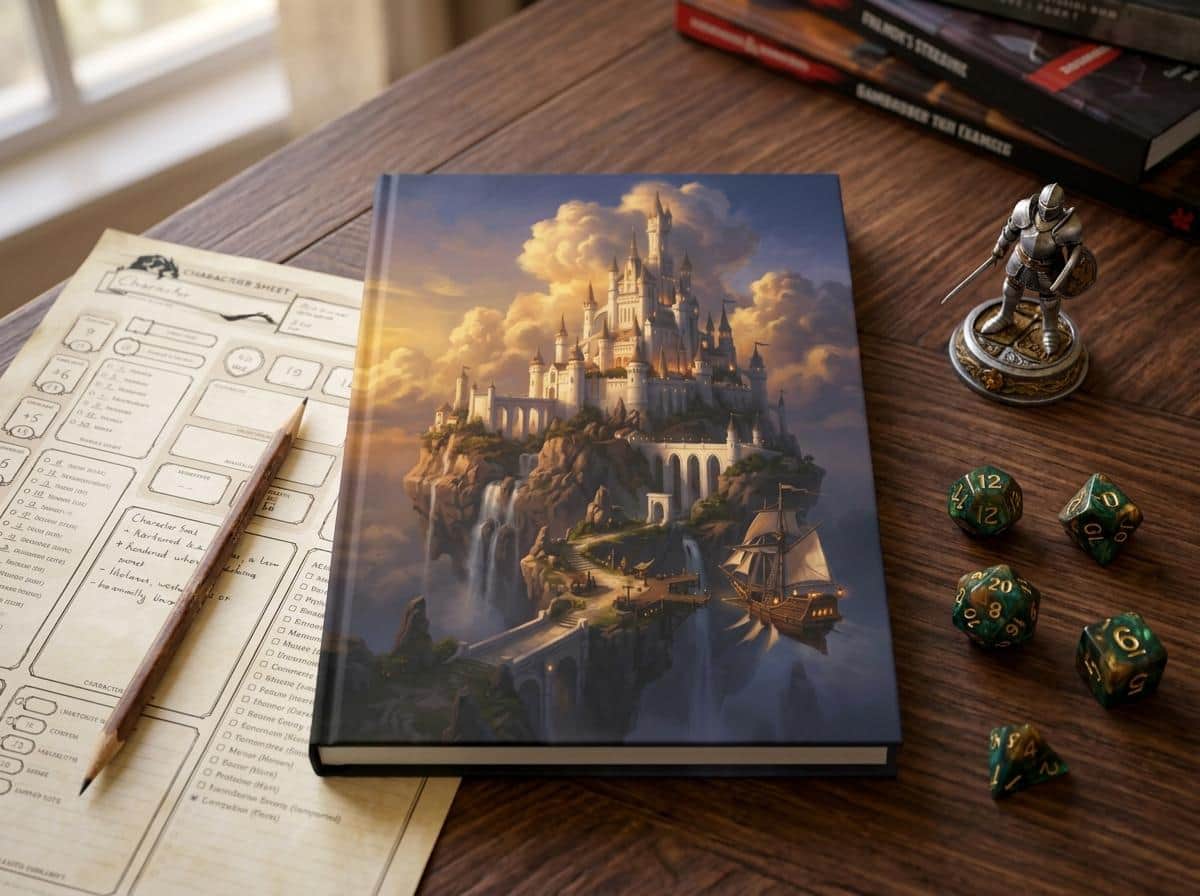 Photo 2 of 11: Hardcover fantasy campaign journal wrapped in an epic floating sky-citadel painting, shown on the game table among dice and character sheets