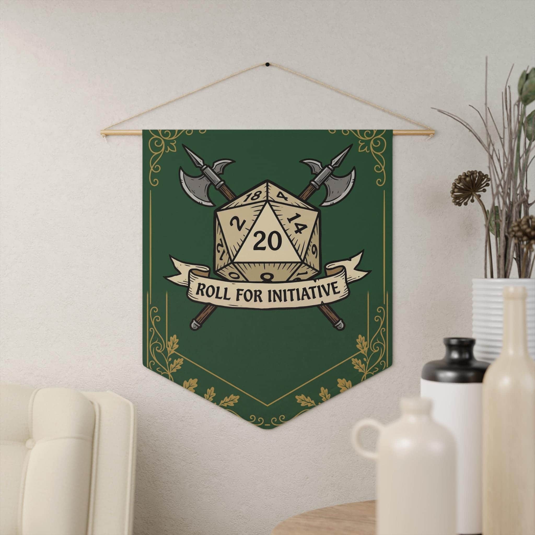 Photo 8 of 10: An authentic tavern-inspired heraldic battle cry banner designed to mark game room territory, solving the search for high-impact Dungeon Master appreciation and game night housewarming gifts, in a room setting