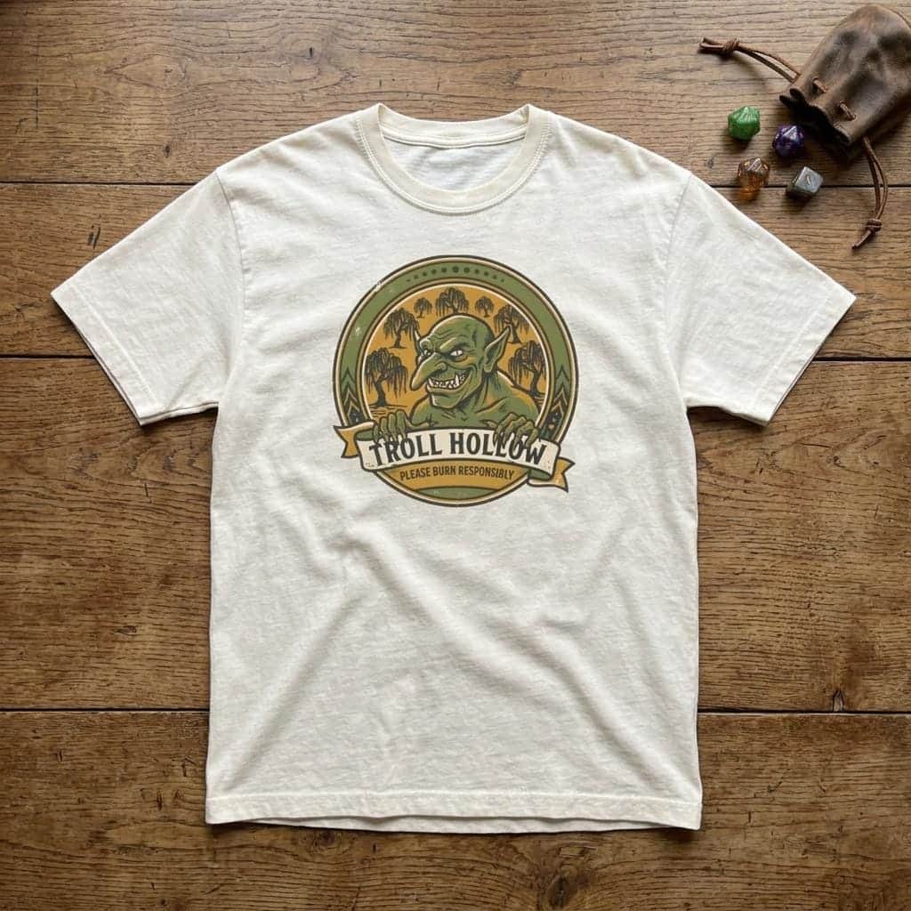 Photo 4 of 15: Vintage national park parody tee featuring a gangly swamp troll alongside a deadpan 'Please Burn Responsibly' fire warning for tabletop adventurers exploring monster-infested wetlands, shown laid flat among dice