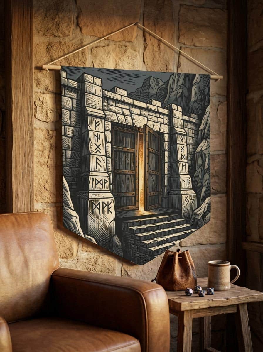 Photo 3 of 5: A tapered heraldic wall banner featuring a monumental dwarven mountain fortress gate etched in gold and slate linocut, shown in a cosy den corner