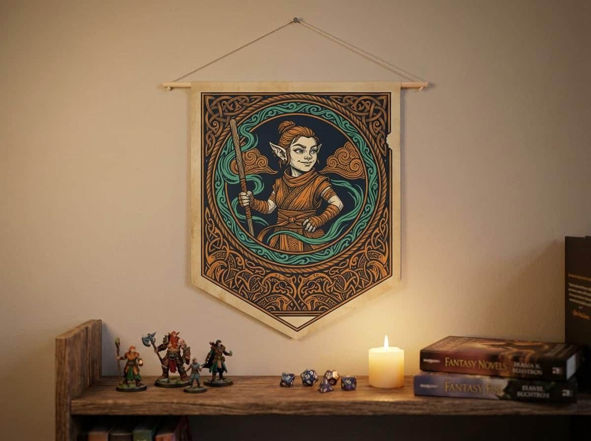 Photo 5 of 9: Vintage heraldic gnome monk pennant flag designed to elevate RPG campaign corners and gaming battle stations with authentic medieval heraldry and serene martial ki, shown on the wall above a bookshelf