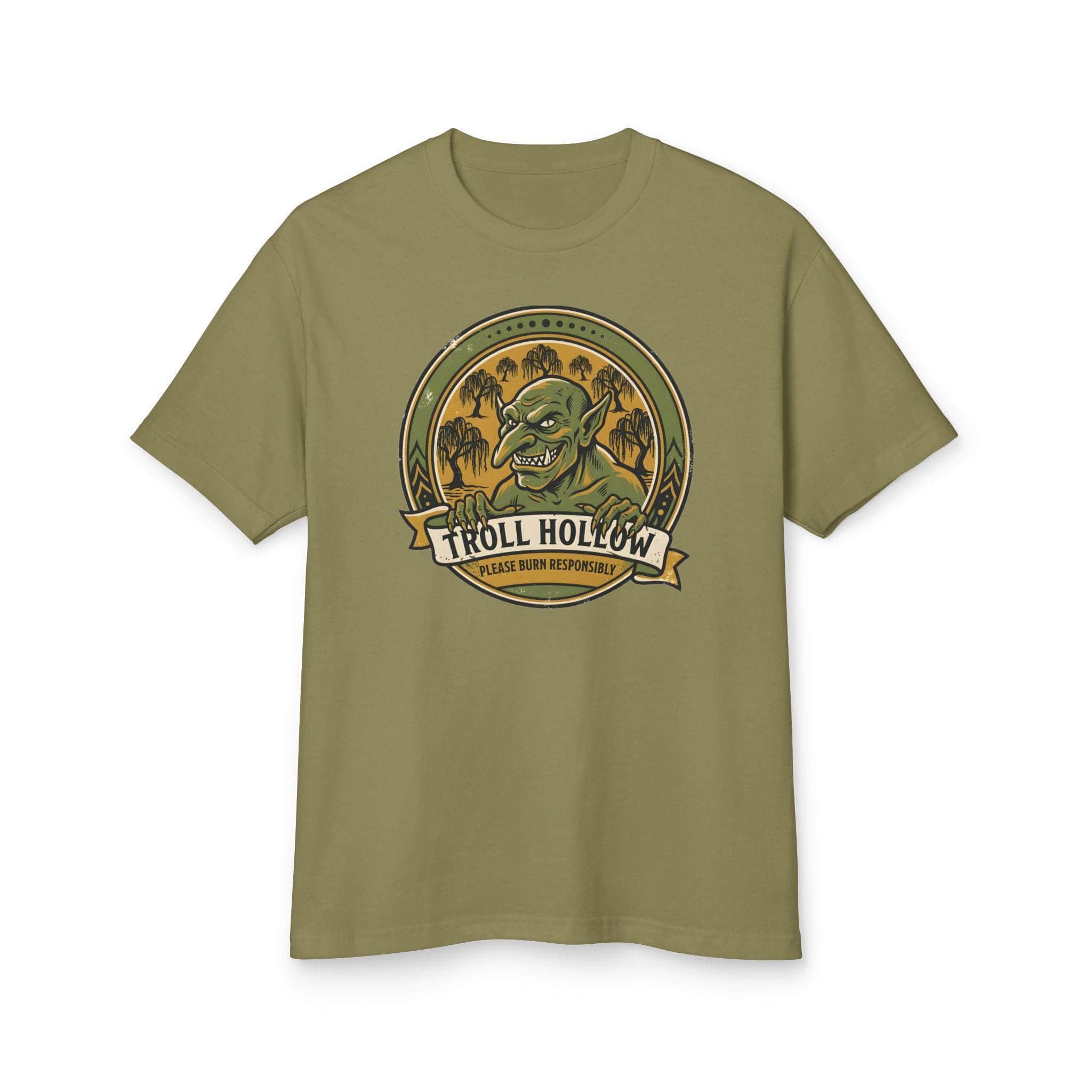 Photo 11 of 15: Vintage national park parody tee featuring a gangly swamp troll alongside a deadpan 'Please Burn Responsibly' fire warning for tabletop adventurers exploring monster-infested wetlands, front view