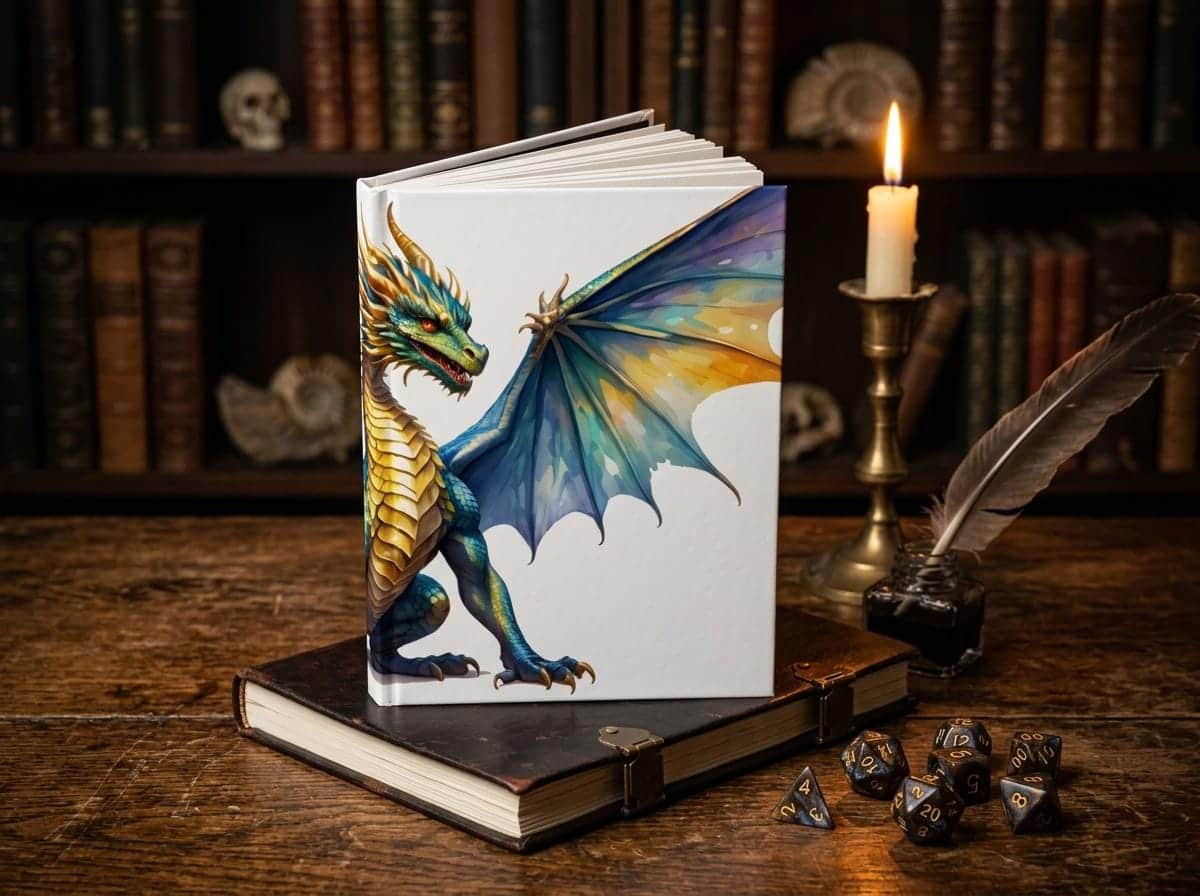 Photo 3 of 6: A beautifully designed journal featuring a majestic dragon surrounded by treasure, shown on a desk beside a quill and ink