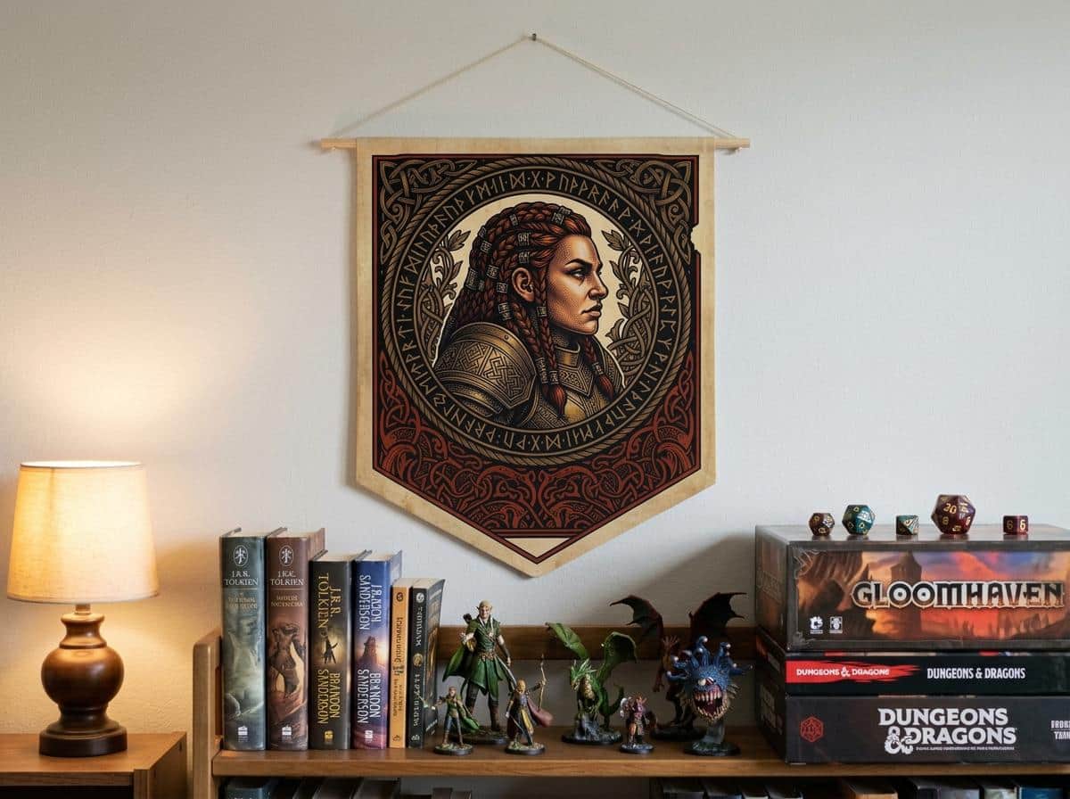 Photo 3 of 8: Vintage heraldic female dwarf warrior pennant flag designed to elevate RPG campaign corners and gaming battle stations with authentic medieval heraldry, shown on the wall above a bookshelf