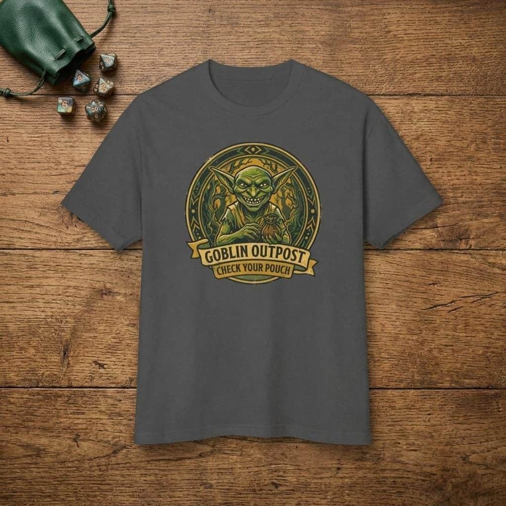 Deadpan national park style graphic tee warning tabletop adventurers to guard their coin pouches from grinning goblin scavengers, shown laid flat among dice