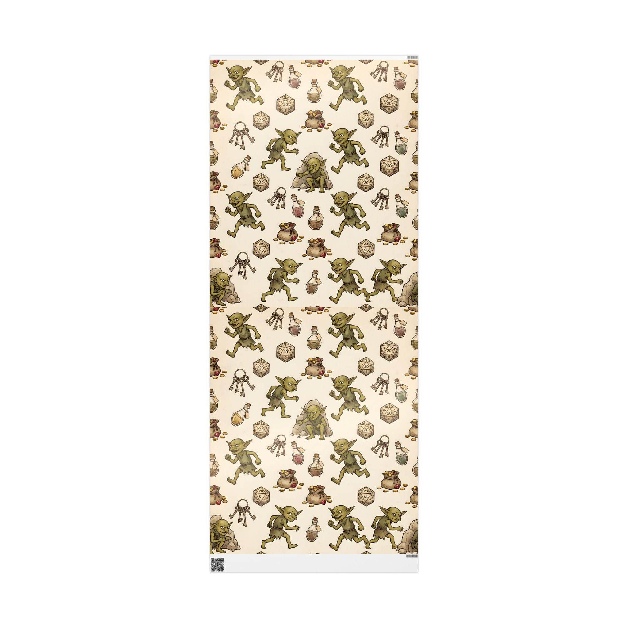 Photo 8 of 9: Delight your tabletop party with a seamless storybook pattern of mischievous loot-stealing goblins making off with polyhedral dice and shiny treasure, printed on wrapping paper, front view