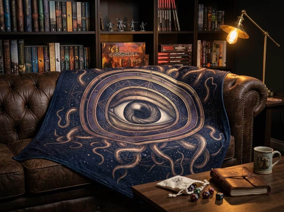 Photo 2 of 10: An atmospheric, oversized gaming throw blanket featuring an intricate cosmic horror warlock patron seal that upgrades game rooms and fall campaign nights, shown on a game room couch
