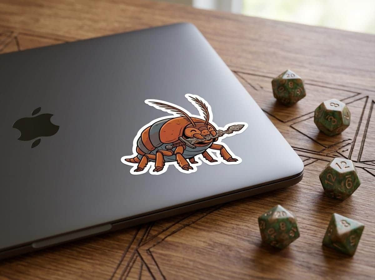 Photo 4 of 5: An inside-joke badge sticker depicting tabletop gaming's most feared blade-eating pest, shown on a laptop lid