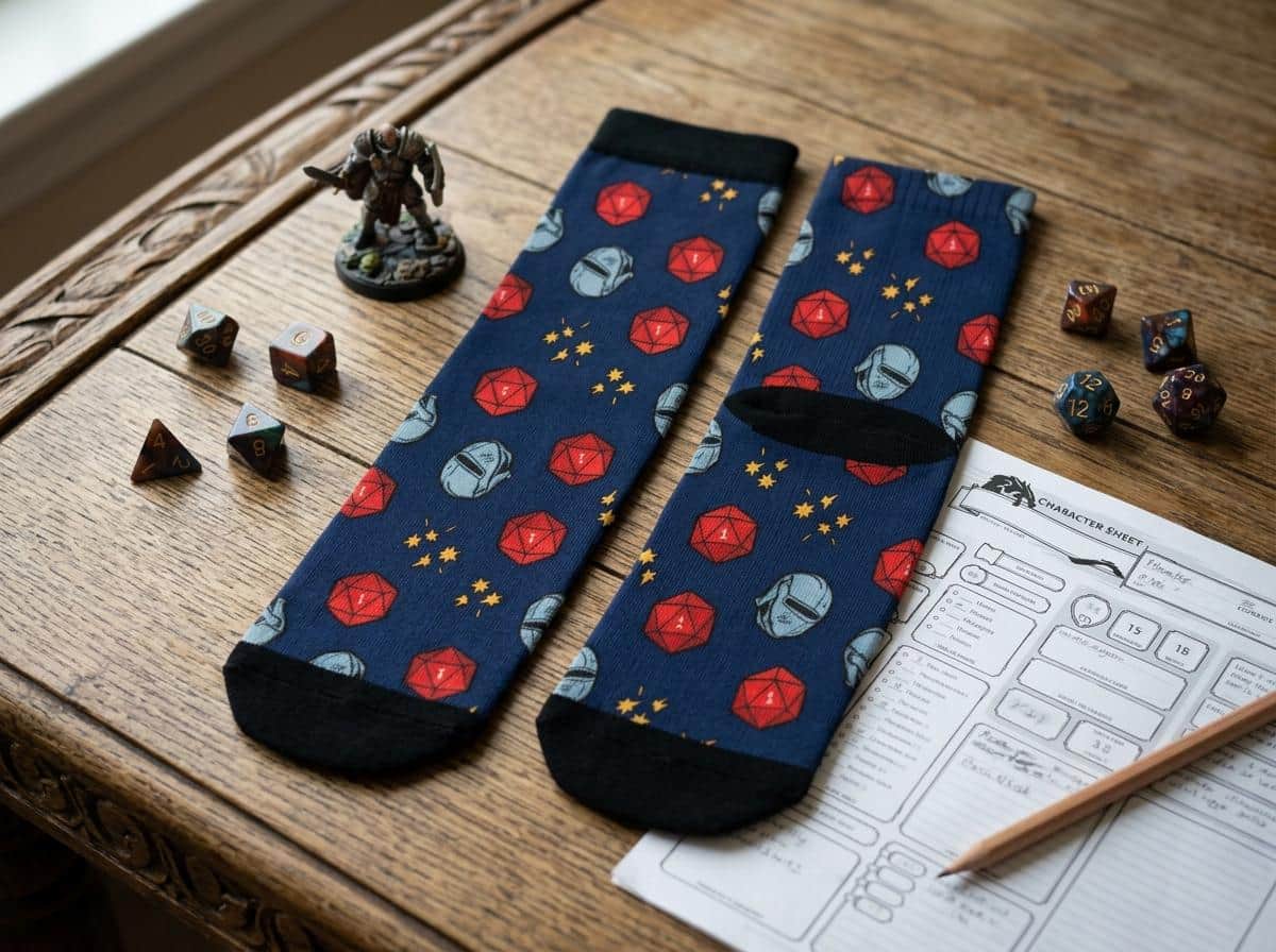Photo 2 of 3: Punchy novelty crew socks commemorating the party's loudest stealth failure, shown on the game table among dice and character sheets