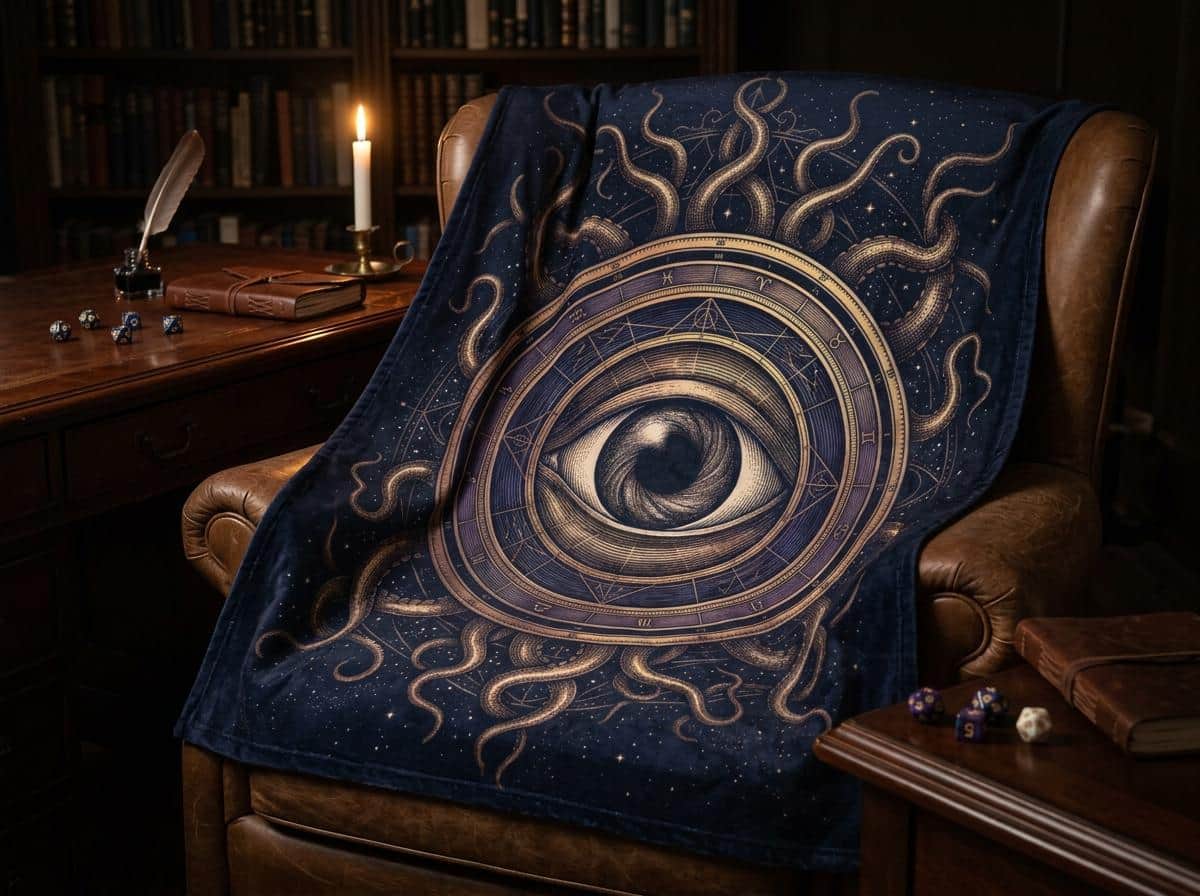 Photo 5 of 10: An atmospheric, oversized gaming throw blanket featuring an intricate cosmic horror warlock patron seal that upgrades game rooms and fall campaign nights, shown draped over a study armchair