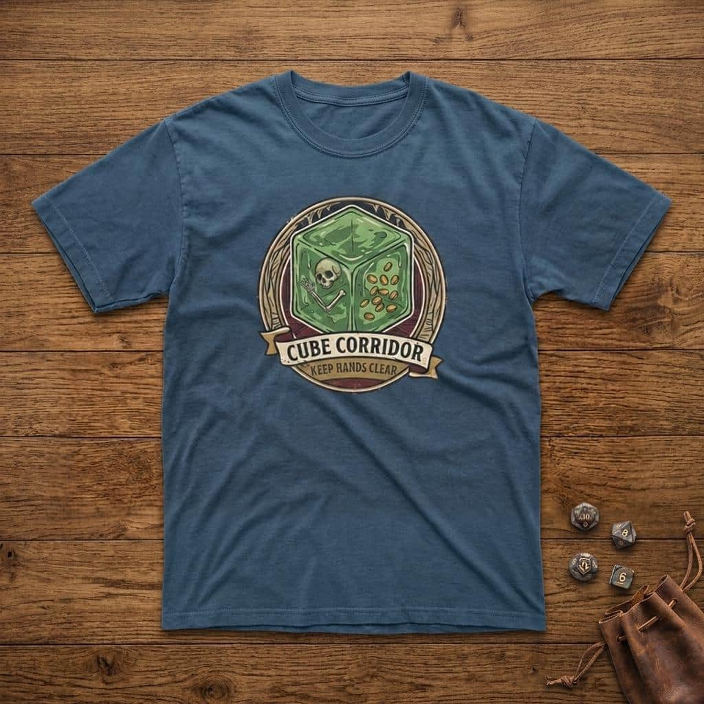 Photo 6 of 13: Vintage national park warning graphic tee featuring tabletop gaming's iconic translucent dungeon ooze alongside a deadpan caution sign for adventurers who touch strange corridor walls, shown laid flat among dice