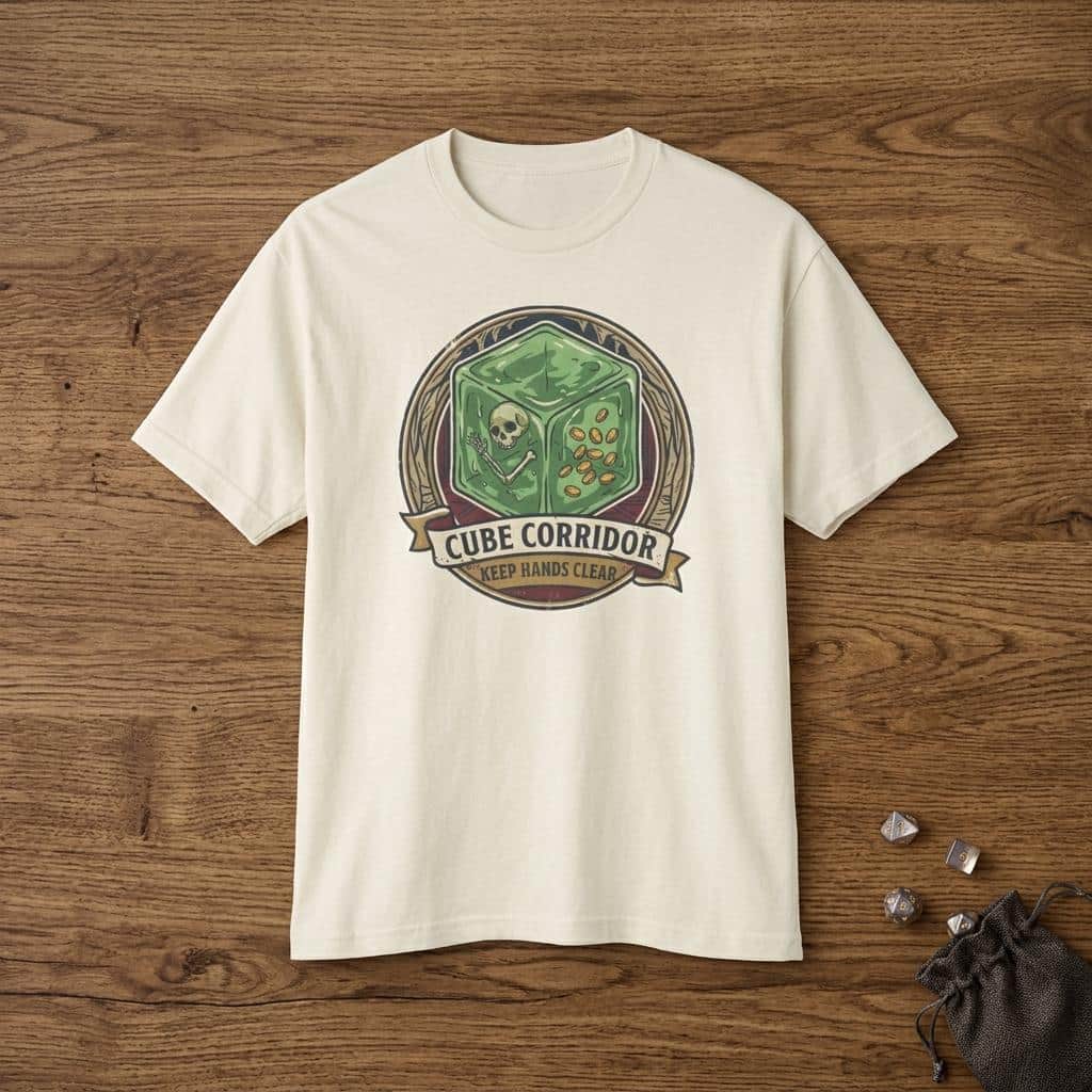Photo 4 of 13: Vintage national park warning graphic tee featuring tabletop gaming's iconic translucent dungeon ooze alongside a deadpan caution sign for adventurers who touch strange corridor walls, shown laid flat among dice