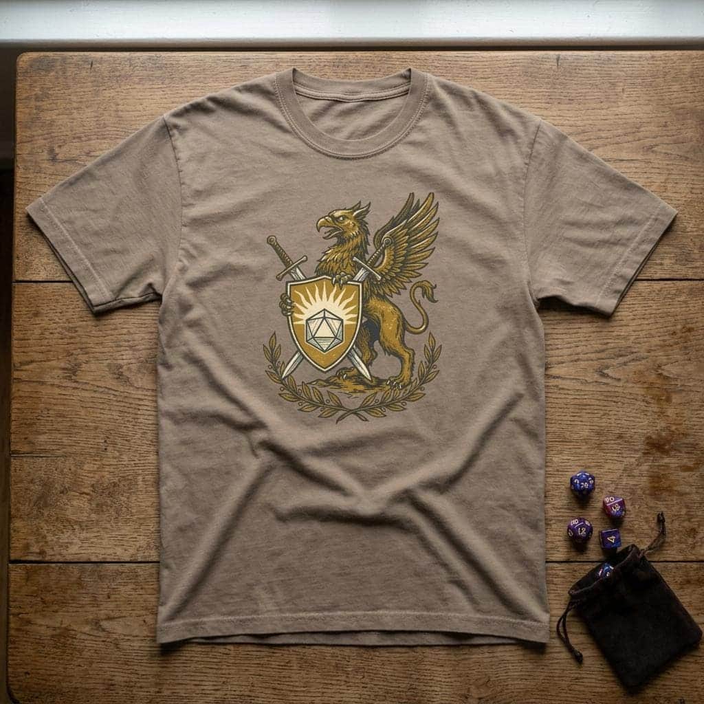 Photo 2 of 8: A bold vintage heraldic tournament crest celebrating the holy warrior archetype, printed on a t-shirt, shown laid flat among dice