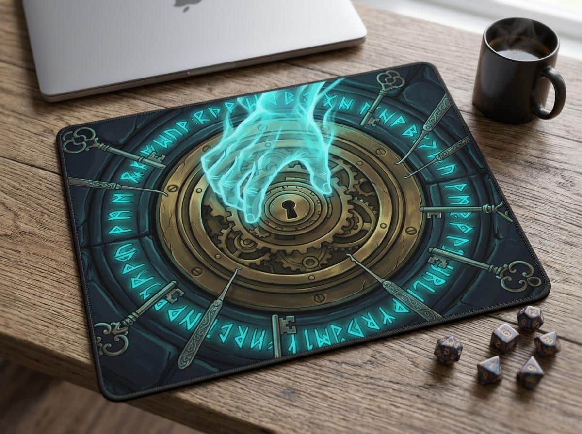Photo 3 of 4: Ultra-wide gaming desk pad transforming your desk into a thief's arcane heist scene, featuring a luminous mage hand bypassing an ornate vault mechanism to captivate TTRPG rogue players and tabletop gamers, printed on a mouse pad