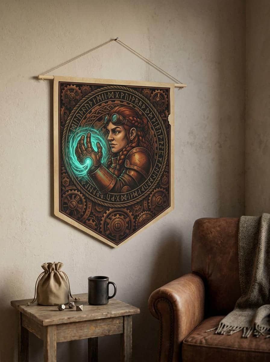 Photo 4 of 10: Vintage heraldic dwarf artificer pennant flag designed to elevate RPG campaign corners and gaming battle stations with authentic magical engineering heraldry, shown in a cosy den corner