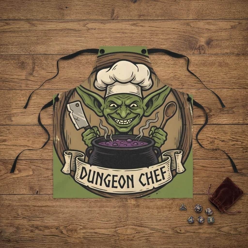 Photo 2 of 6: Humorous tabletop gaming apron for game-night snack hosts and DMs, pairing chaotic goblin tavern art with the high-demand, shown laid flat among dice