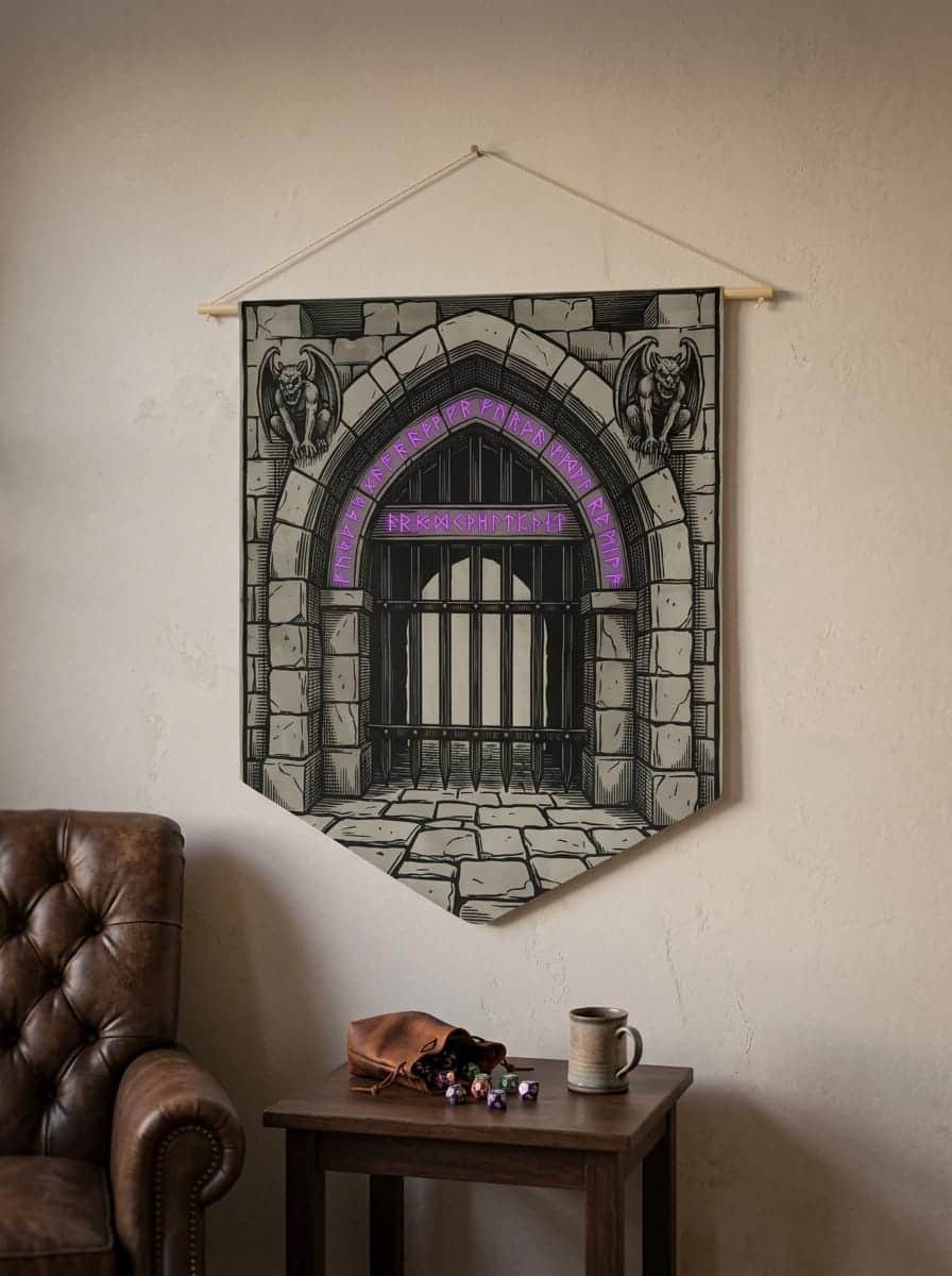 Photo 3 of 5: Hanging canvas pennant styled as an ancient dungeon threshold, turning any game room or basement door into an immersive portal for weekly campaign nights, shown in a cosy den corner