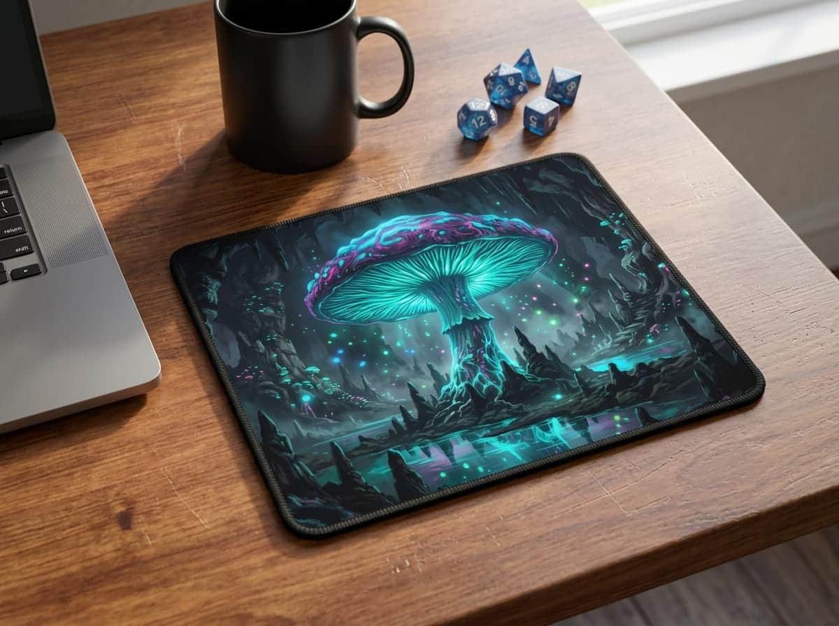 Photo 2 of 6: An extra-large gaming desk mat featuring an immersive Underdark glowing mushroom cavern, transforming PC battlestations and tabletop sessions with dark fantasy ambient atmosphere, shown on a desk
