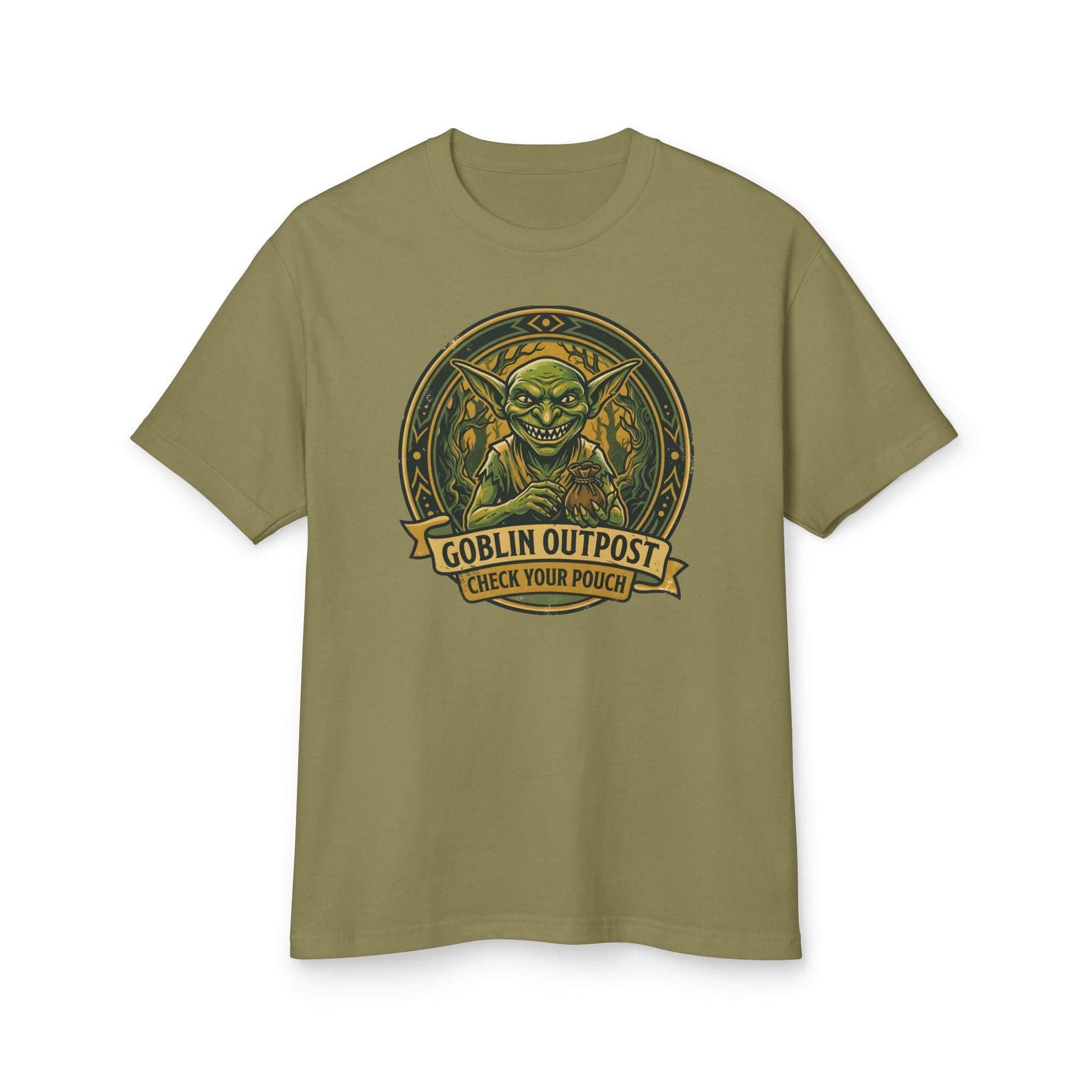 Photo 10 of 14: Deadpan national park style graphic tee warning tabletop adventurers to guard their coin pouches from grinning goblin scavengers, front view