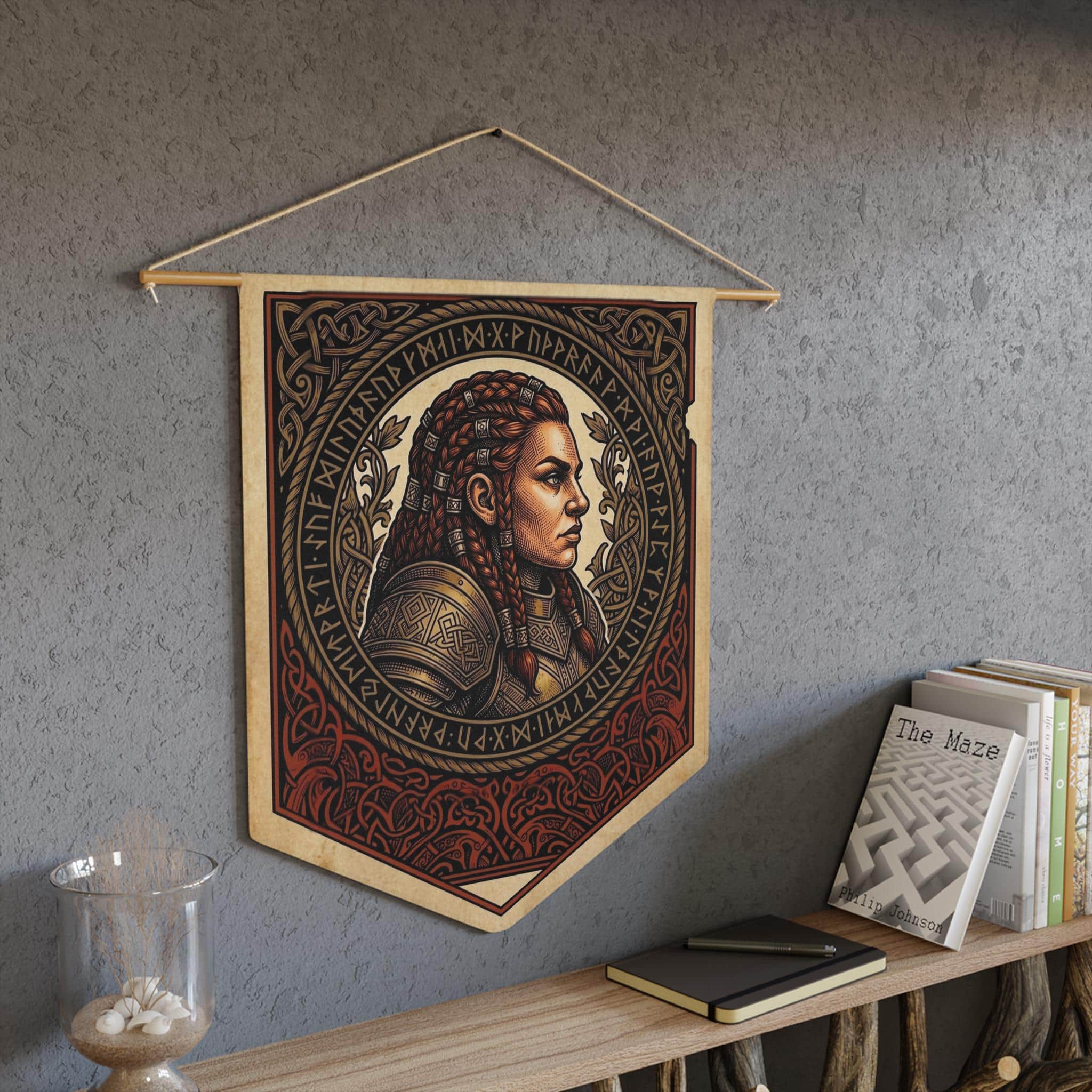 Photo 5 of 8: Vintage heraldic female dwarf warrior pennant flag designed to elevate RPG campaign corners and gaming battle stations with authentic medieval heraldry, in a room setting