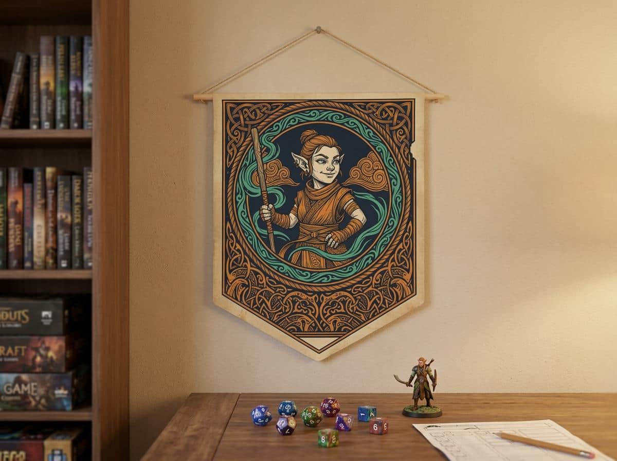 Photo 2 of 9: Vintage heraldic gnome monk pennant flag designed to elevate RPG campaign corners and gaming battle stations with authentic medieval heraldry and serene martial ki, shown on a game room wall