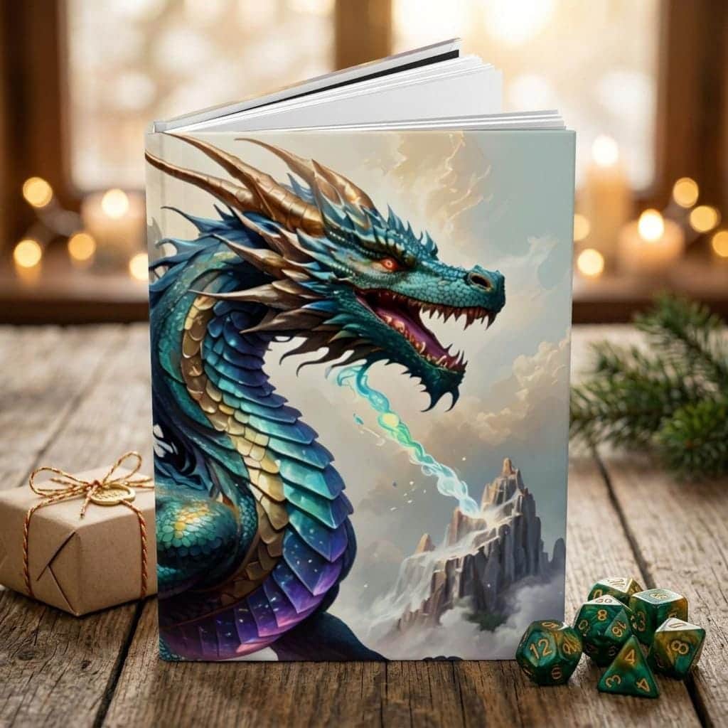 Photo 4 of 8: Perfect gift for the tabletop roleplaying enthusiast in your life, this unique canvas print combines fantasy and magic elements to create an immersive experience, printed on a journal, shown as a gift