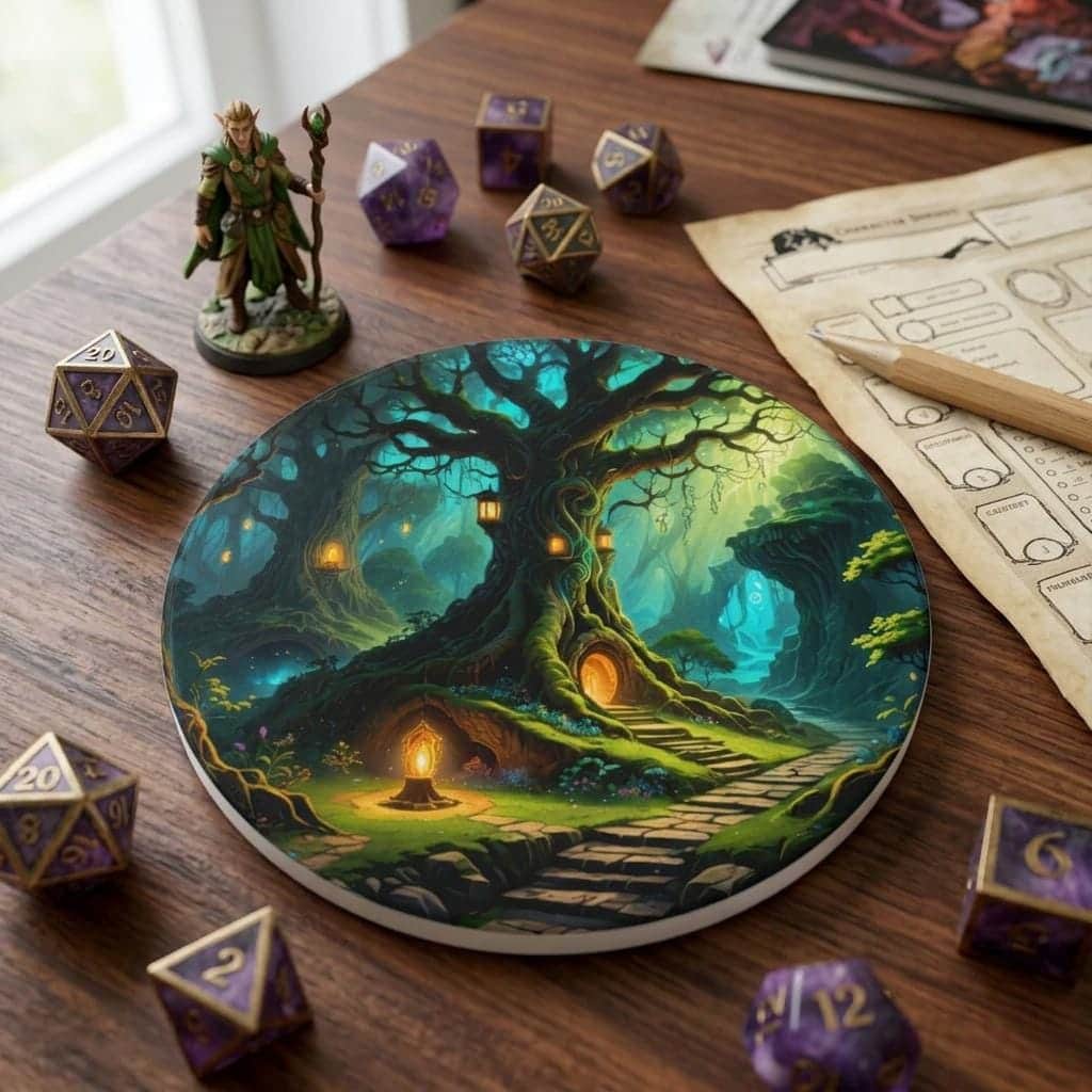 Photo 1 of 6: A captivating magical forest scene with a glowing tree and lanterns, printed on a coaster, shown on the game table among dice and character sheets