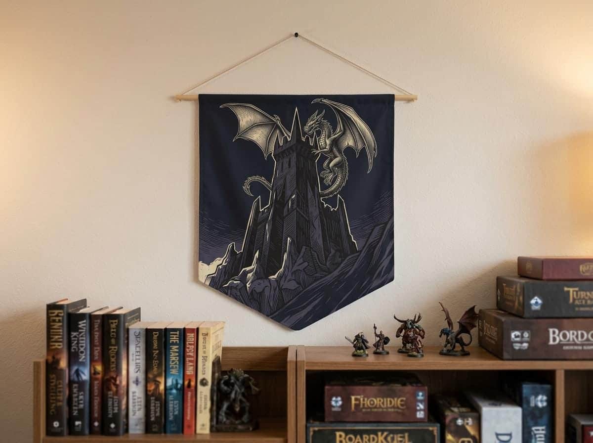 Photo 1 of 7: Triangular gothic wall banner featuring a towering obsidian fortress framed by celestial heraldry