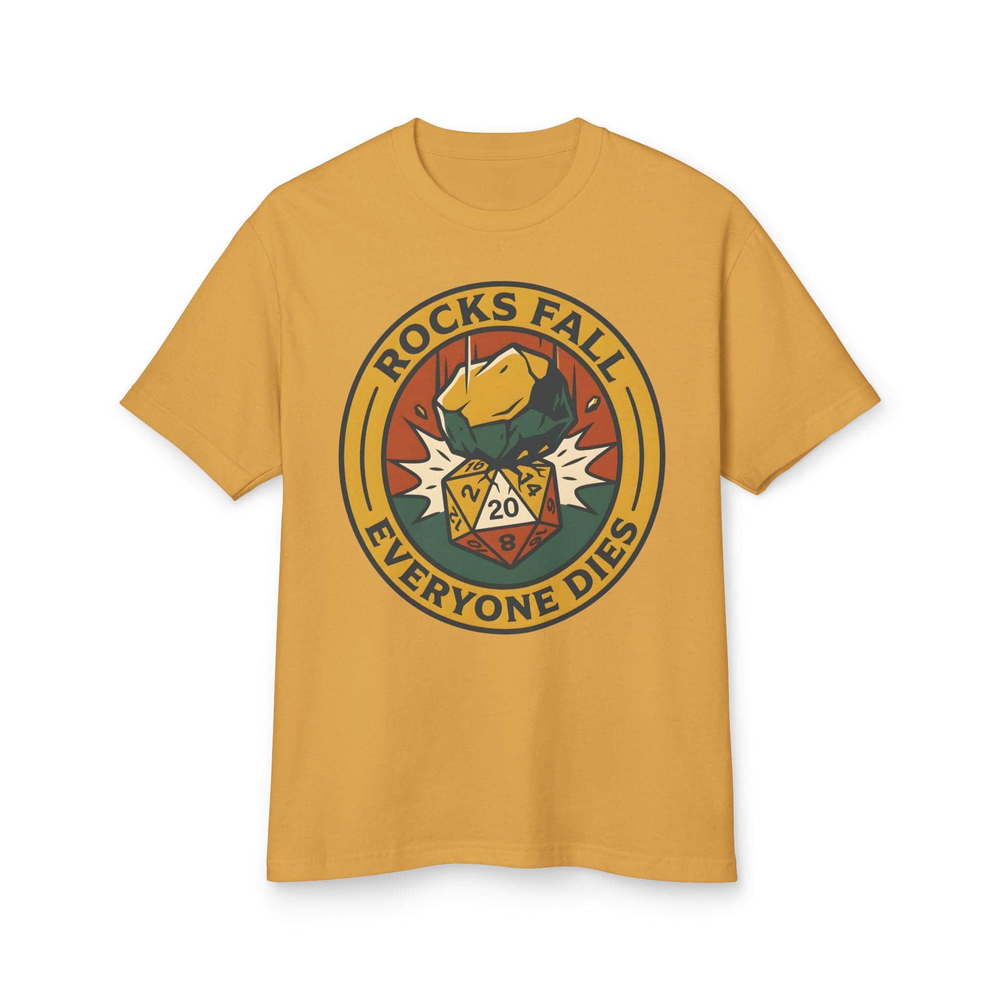 Photo 5 of 10: A deadpan tabletop in-joke graphic tee featuring a vintage national-park style emblem where a giant plummeting boulder crushes a d20 die, front view