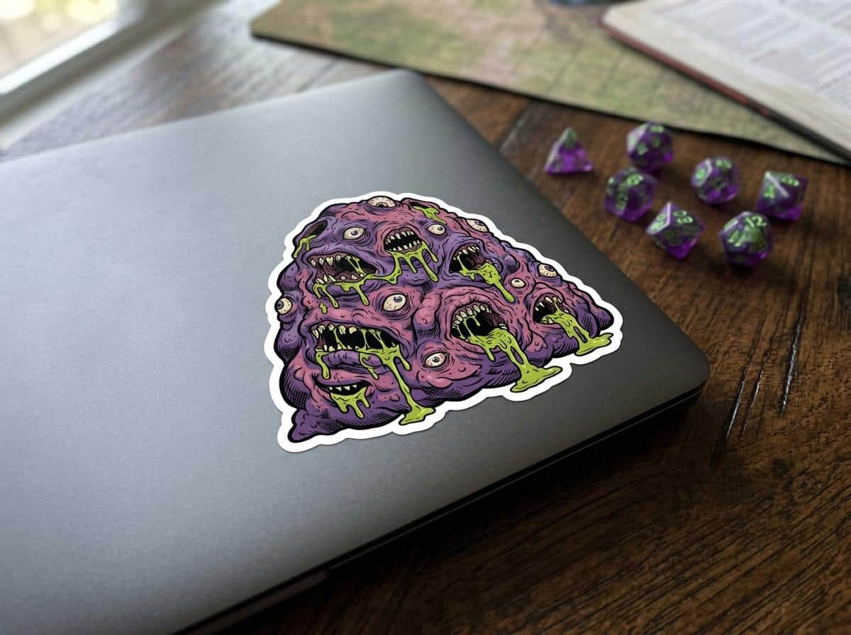 Photo 7 of 12: A grotesque aberrant monster sticker engineered for Dungeon Masters and eldritch horror enthusiasts personalizing laptops and hydro flasks, shown on a laptop lid