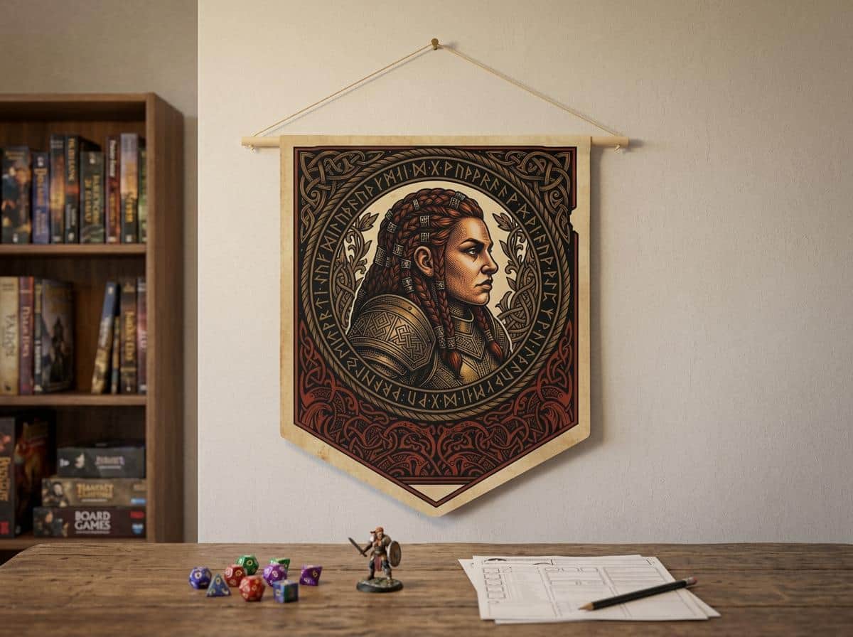 Photo 2 of 8: Vintage heraldic female dwarf warrior pennant flag designed to elevate RPG campaign corners and gaming battle stations with authentic medieval heraldry