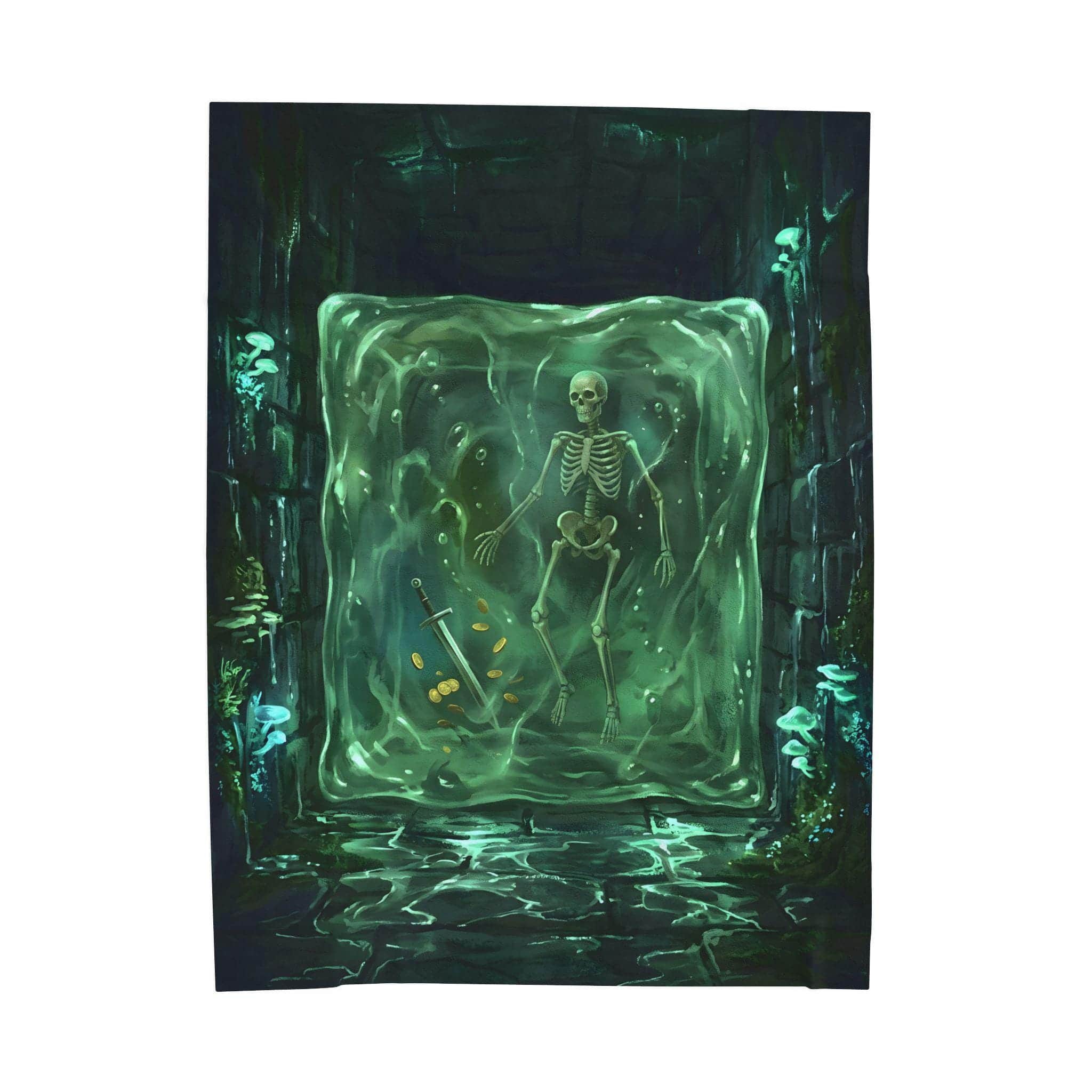 Photo 3 of 5: An eye-catching, full-bleed throw blanket depicting a luminous gelatinous cube suspended with adventurer gear, front view