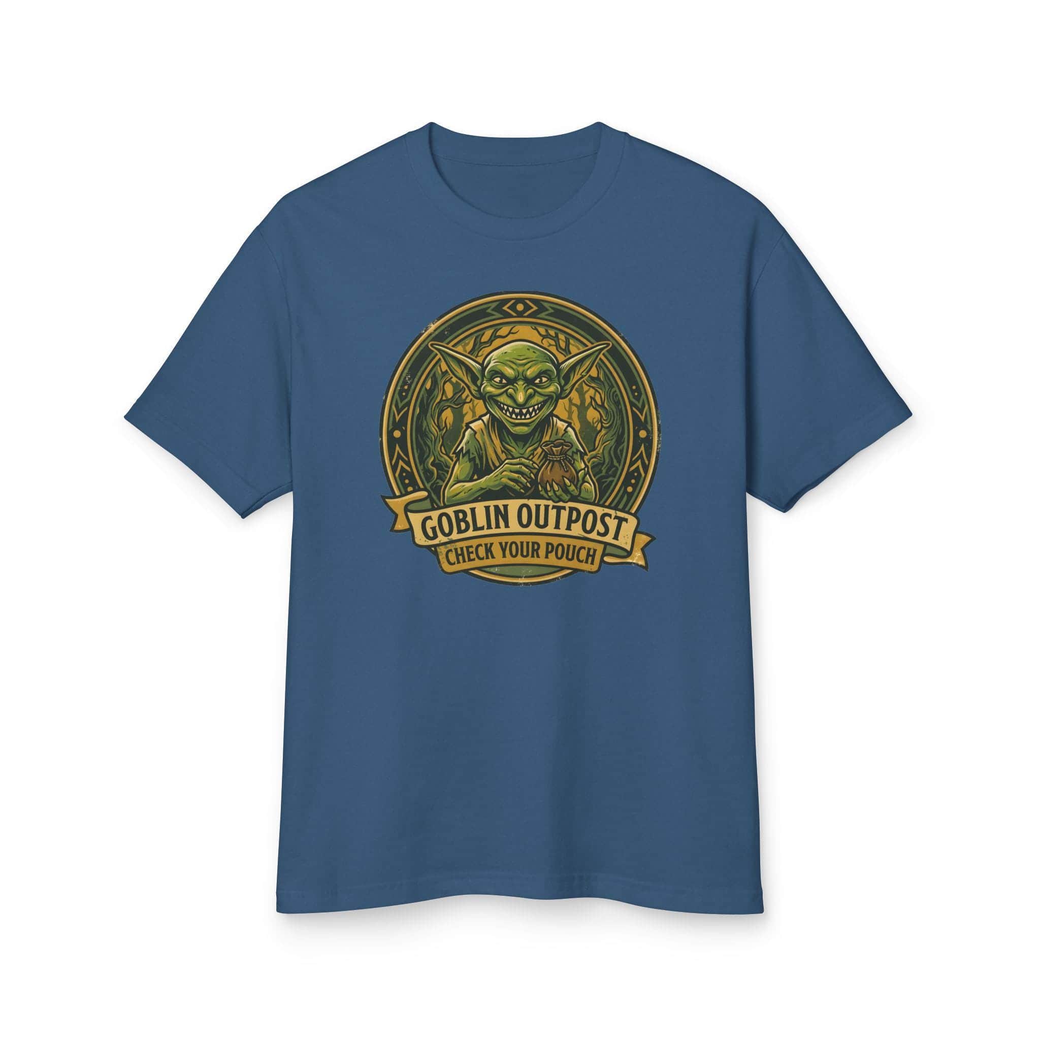 Photo 13 of 14: Deadpan national park style graphic tee warning tabletop adventurers to guard their coin pouches from grinning goblin scavengers, front view