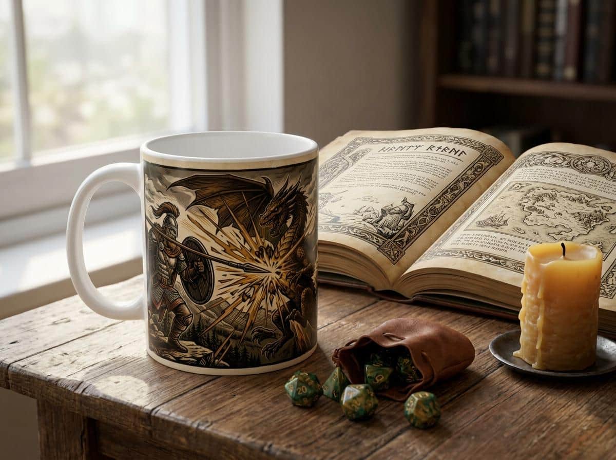 Photo 2 of 5: A dramatic campaign-climax coffee cup capturing the triumphant monster-slaying strike every DM and player lives for, shown on a desk beside an open rulebook