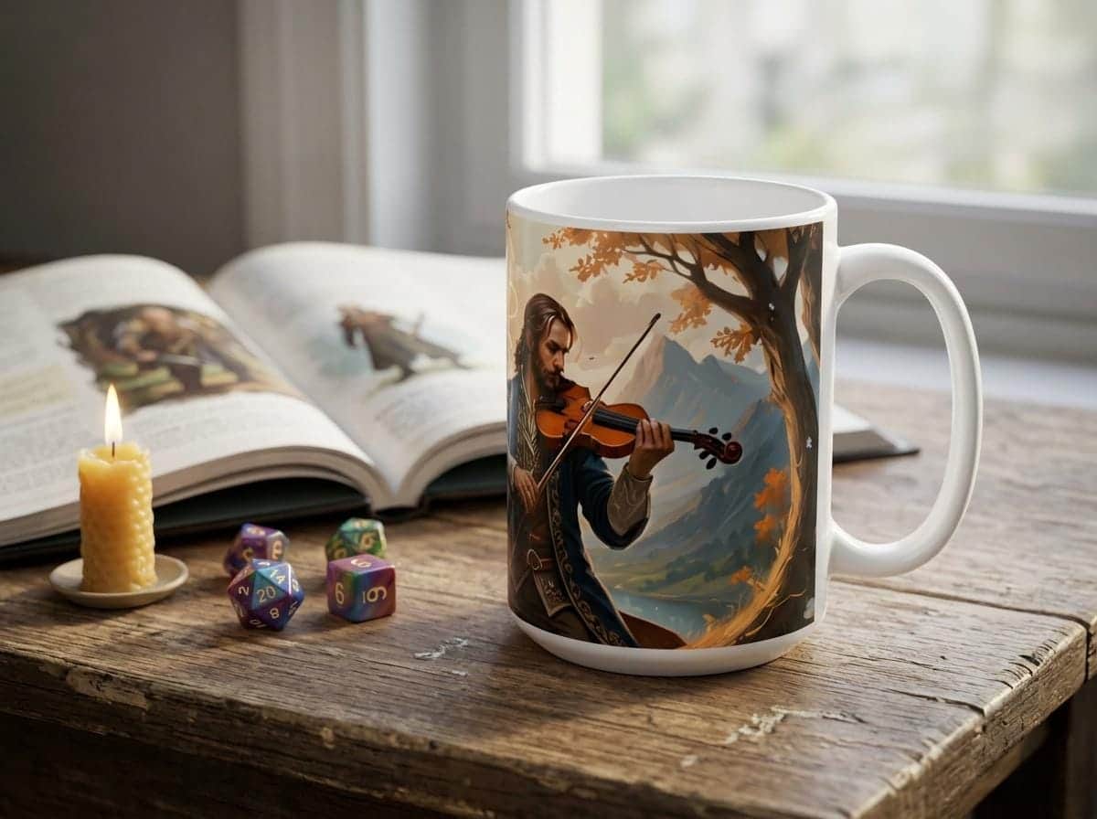 Photo 2 of 6: Unique mug features a bard playing a lute, shown on a desk beside an open rulebook