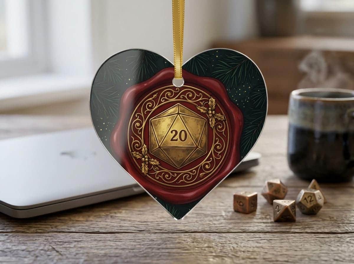 Photo 5 of 8: A round ceramic holiday ornament rendered as an ornate adventurers' guild wax seal with a gilded D20, shown on a desk