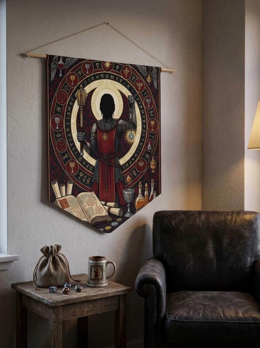 Photo 4 of 5: Divine fantasy female cleric illustration framed by glowing ivory sacred circles and holy relics, printed on a pennant, shown in a cosy den corner