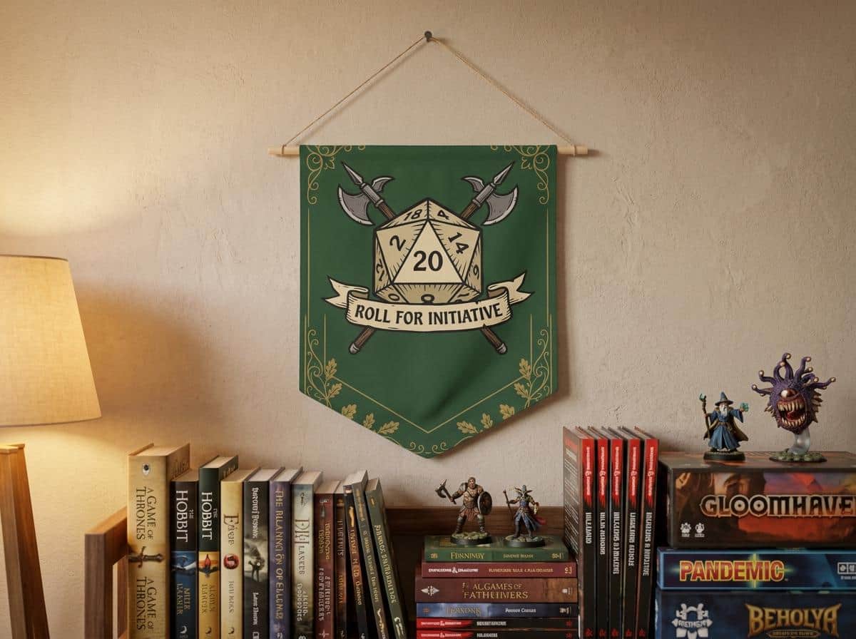 Photo 3 of 10: An authentic tavern-inspired heraldic battle cry banner designed to mark game room territory, solving the search for high-impact Dungeon Master appreciation and game night housewarming gifts, shown on the wall above a bookshelf