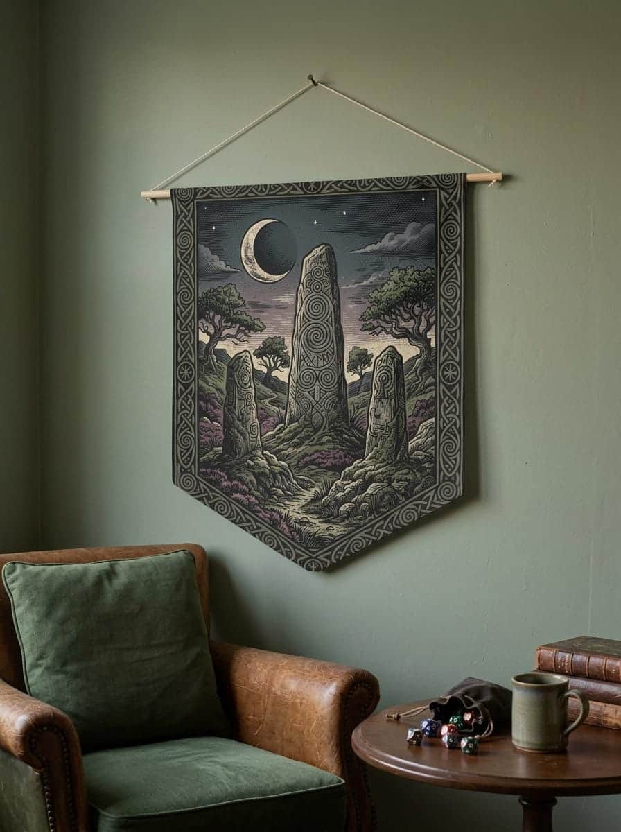 Photo 4 of 6: Vintage woodcut-style felt wall banner featuring an ancient runic monolith henge under a crescent moon, shown in a cosy den corner