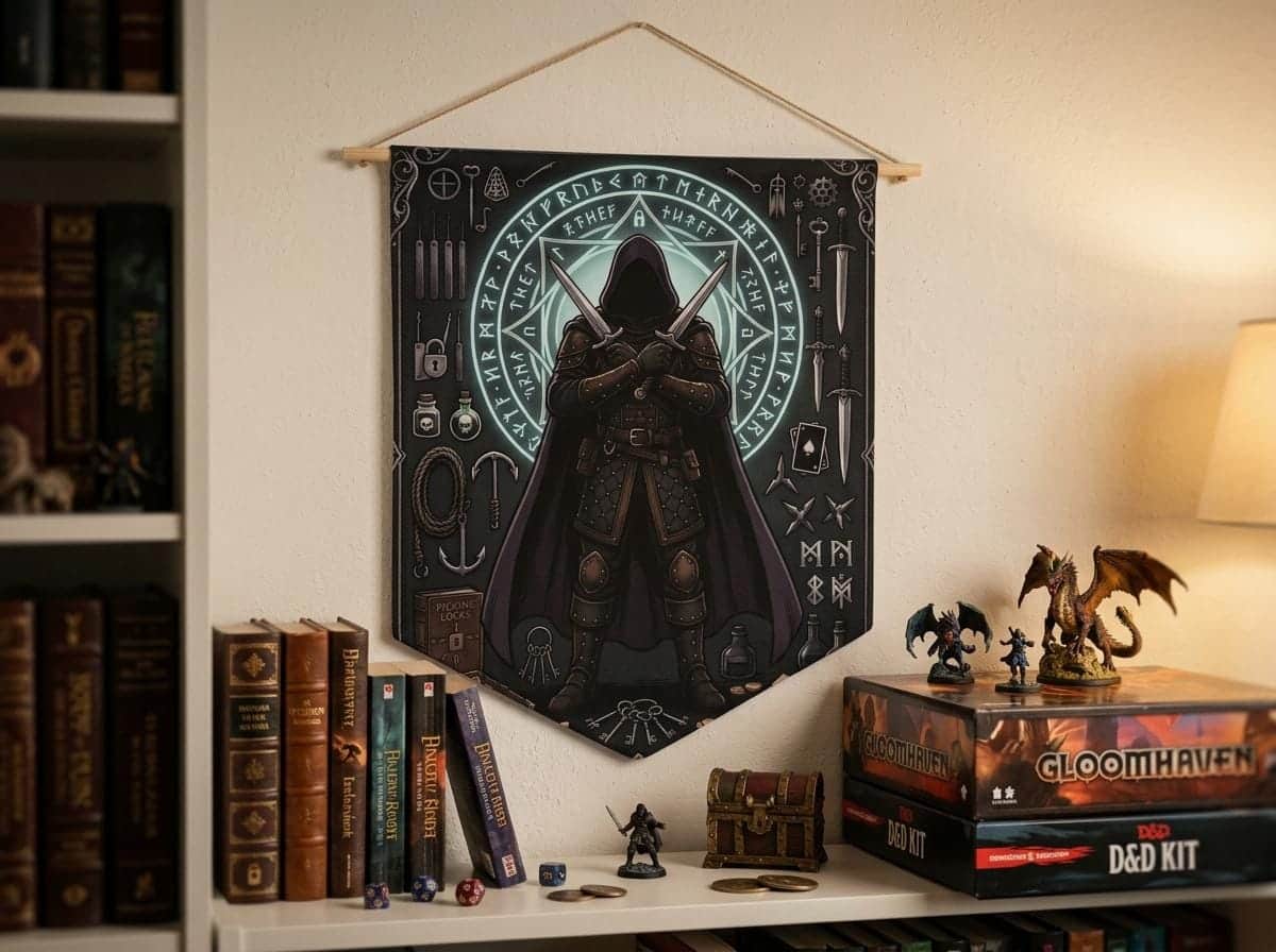 Photo 2 of 5: Cunning male human rogue illustration framed by shadowy arcane runes, twin daggers, and thieves' tools on a premium pennant, shown on the wall above a bookshelf