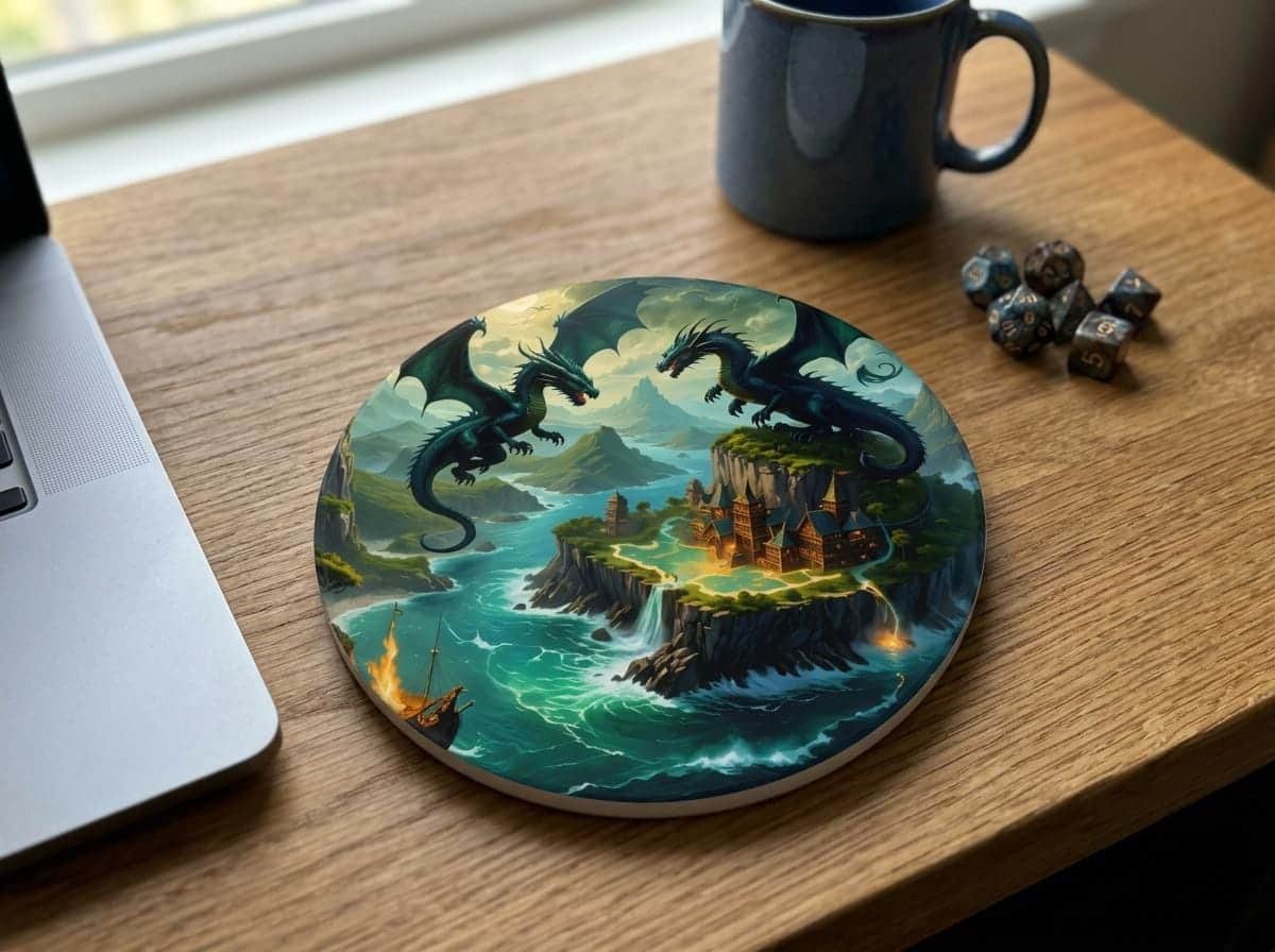 Photo 2 of 6: Majestic dragons flying over an island castle as a ship approaches the shore, printed on a coaster, shown on a desk