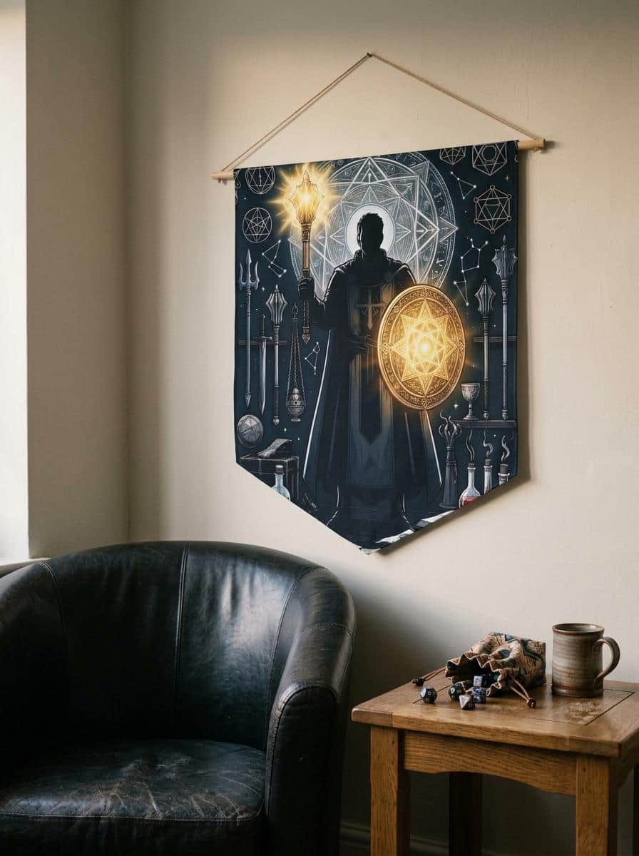 Photo 4 of 6: Radiant male human cleric illustration framed by a glowing divine mandala and holy relics, printed on a pennant, shown in a cosy den corner