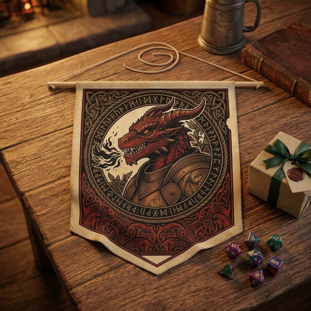Photo 3 of 11: Vintage heraldic dragonborn warrior pennant flag designed to elevate RPG campaign corners and gaming battle stations with authentic medieval heraldry, shown as a gift