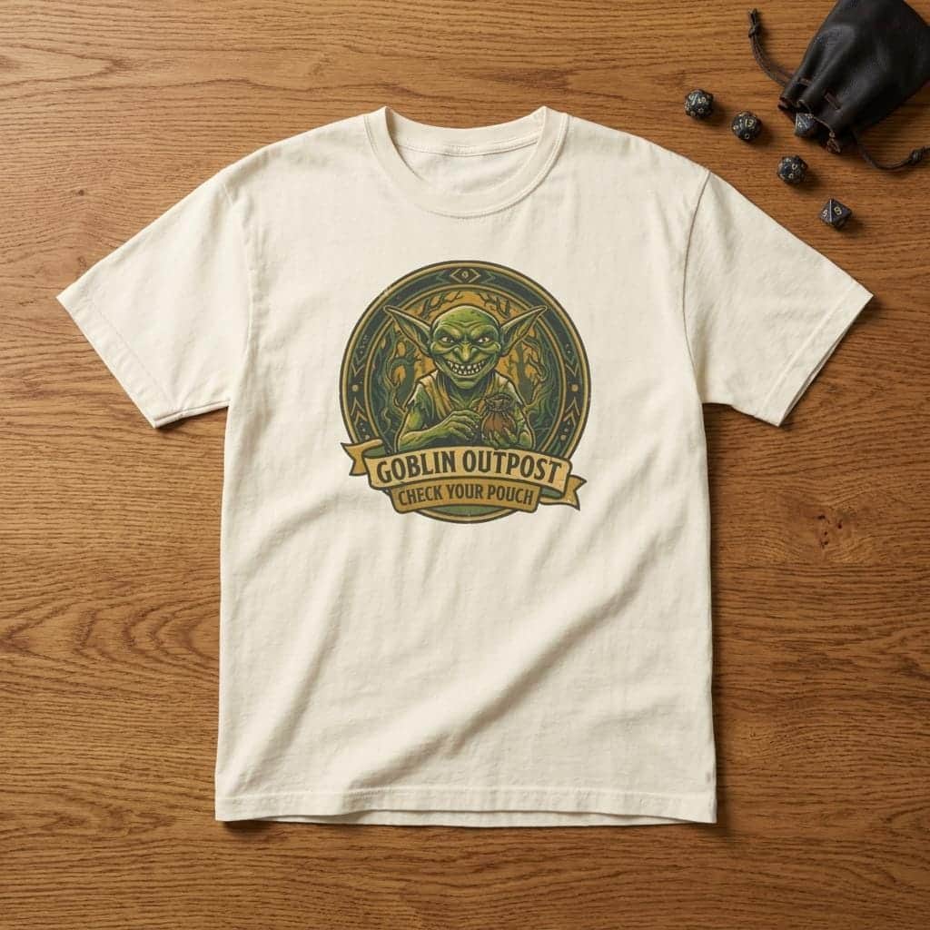 Photo 4 of 14: Deadpan national park style graphic tee warning tabletop adventurers to guard their coin pouches from grinning goblin scavengers, shown laid flat among dice