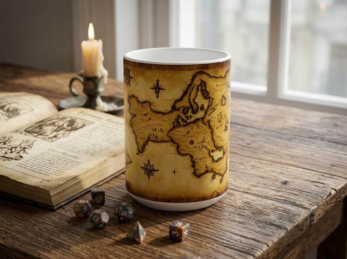 Photo 6 of 10: Unleash your inner adventurer with this detailed treasure map mug, shown on a desk beside an open rulebook
