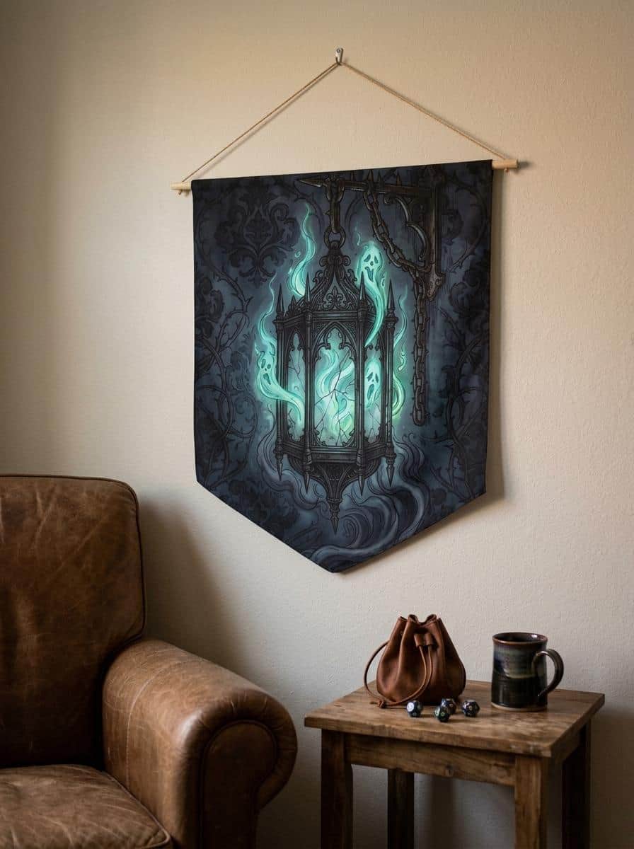 Photo 4 of 6: A dark fantasy gothic wall pennant showcasing a glowing spirit cage lantern, crafted as a moody Halloween game room centerpiece and campaign table backdrop, shown in a cosy den corner