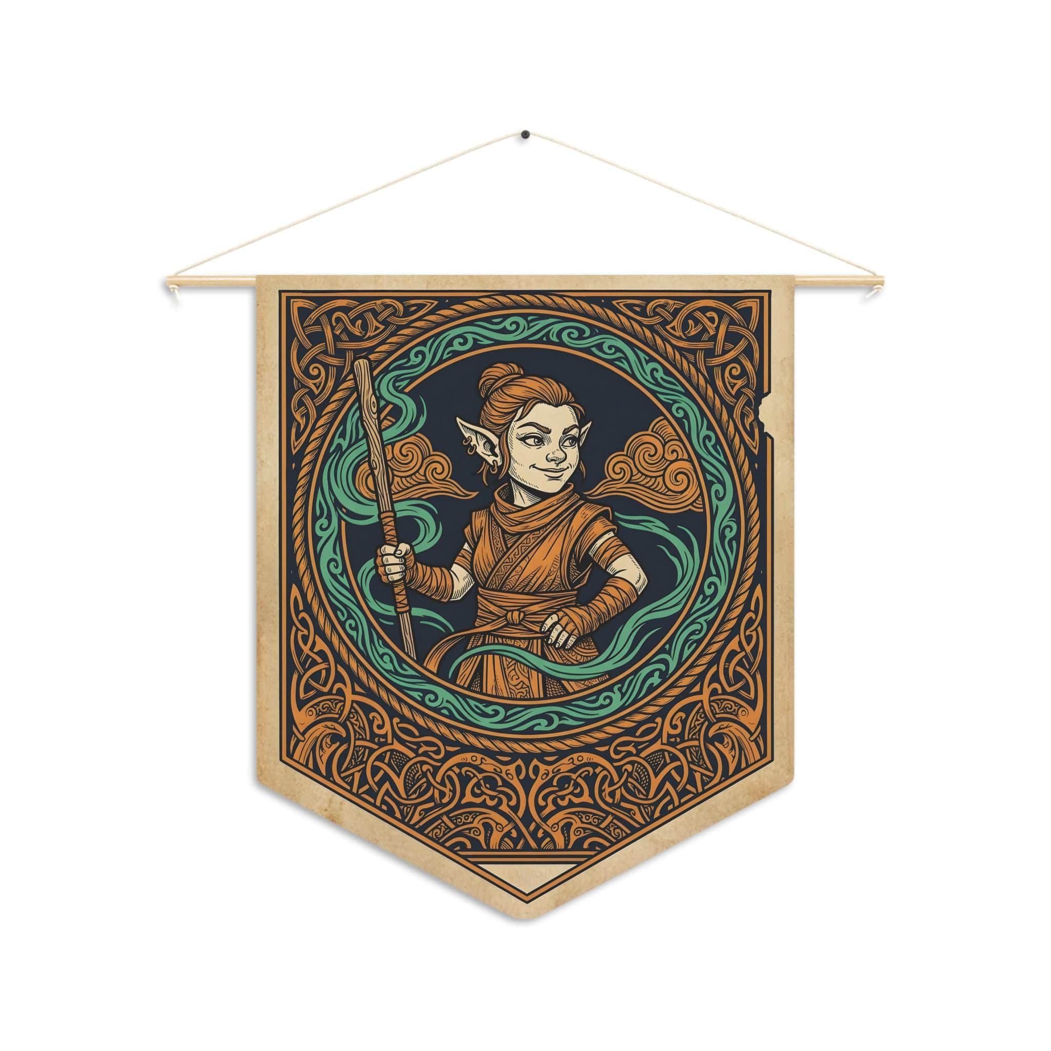 Photo 8 of 9: Vintage heraldic gnome monk pennant flag designed to elevate RPG campaign corners and gaming battle stations with authentic medieval heraldry and serene martial ki, front view
