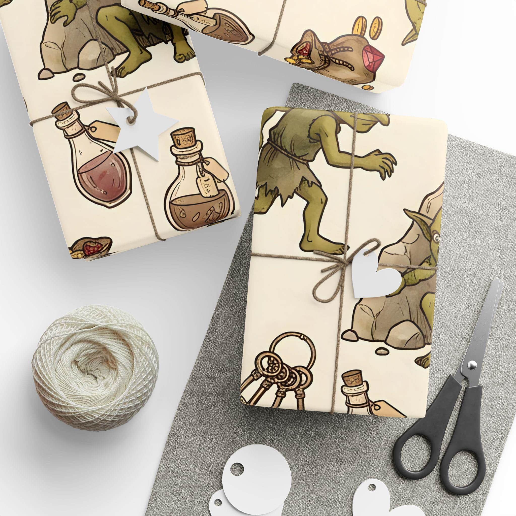 Photo 3 of 9: Delight your tabletop party with a seamless storybook pattern of mischievous loot-stealing goblins making off with polyhedral dice and shiny treasure, printed on wrapping paper, in a room setting