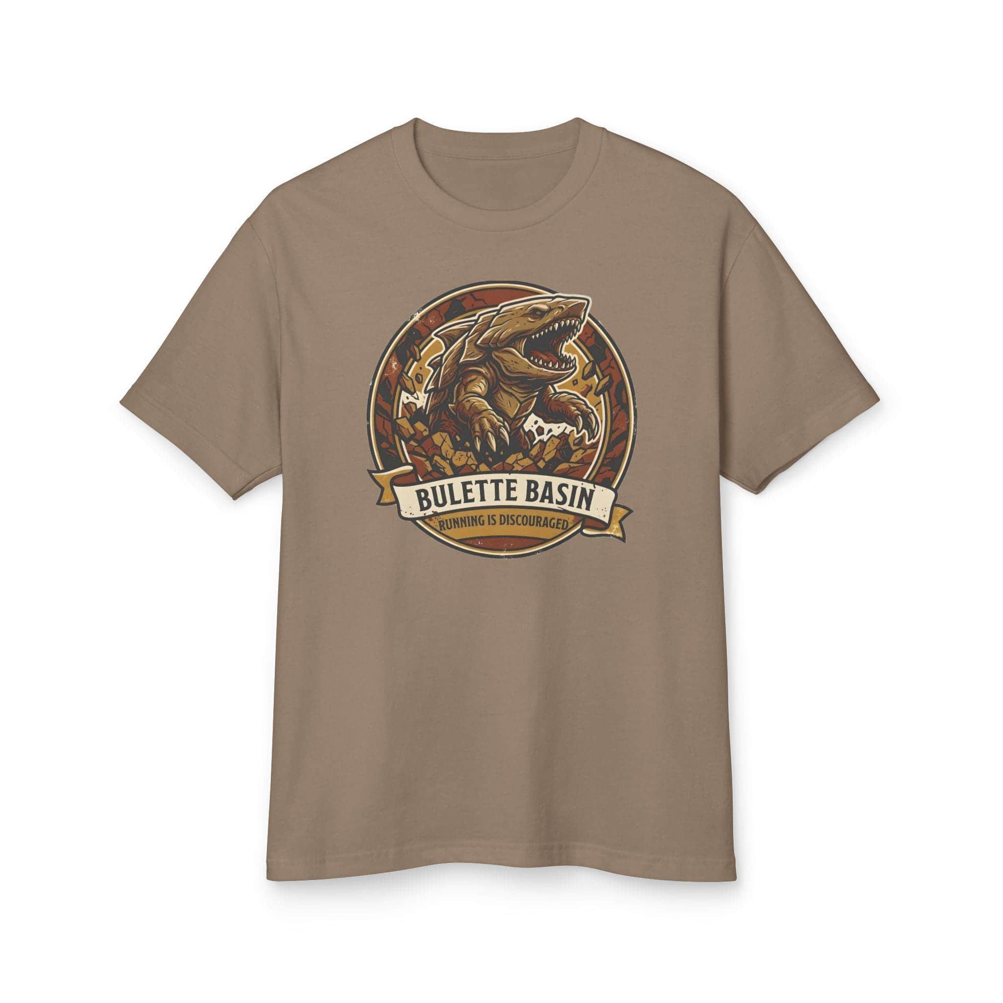 Photo 12 of 15: Vintage national park souvenir graphic tee featuring tabletop gaming's armored landshark burrower, paired with deadpan trail advice warning adventurers that running only draws its tremorsense, front view